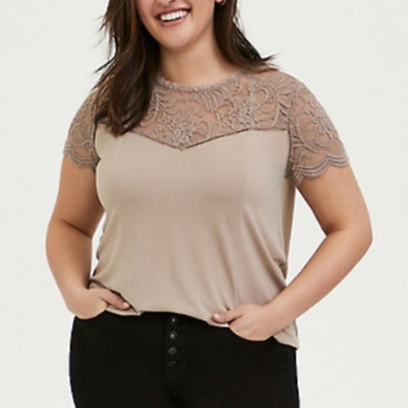 Torrid Women's Taupe Studio Knit & Lace Top - Picture 3 of 10